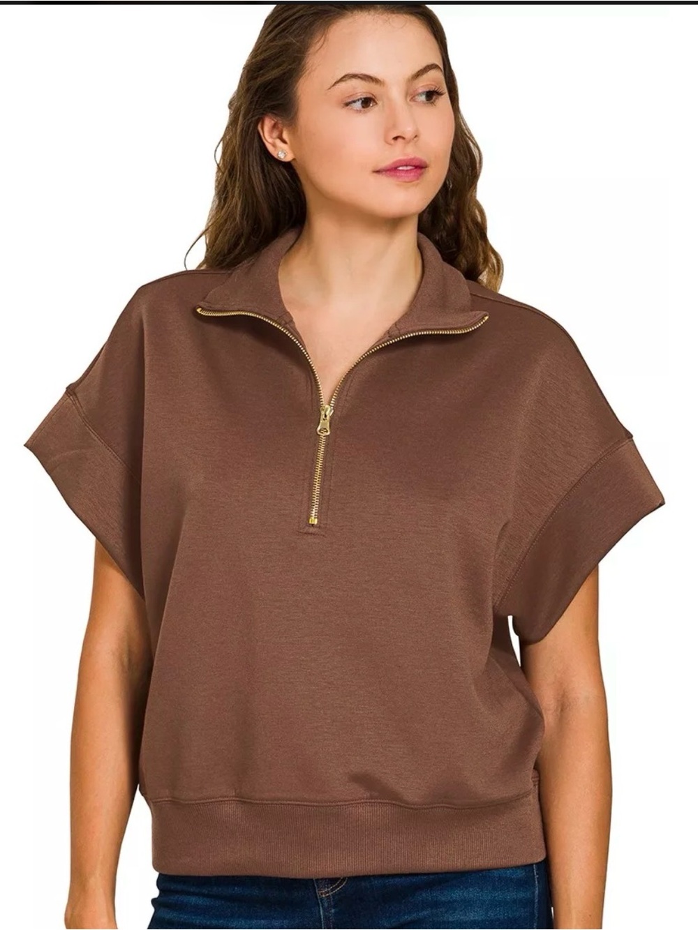 NWOT - ZENANA - Women’s Half-Zip Ribbed Short Sleeve Top - Size L/XL